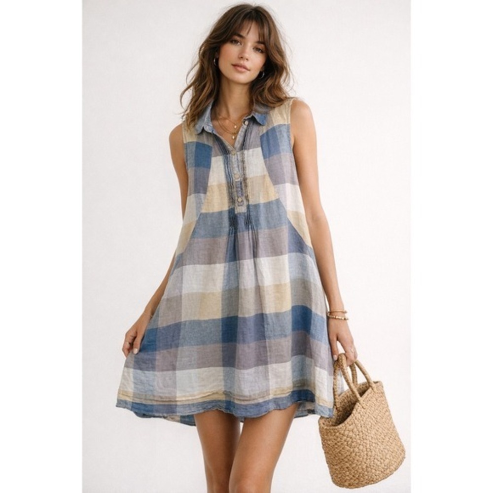 Sleeveless Plaid Button-Front Sundress in Blue and Cream